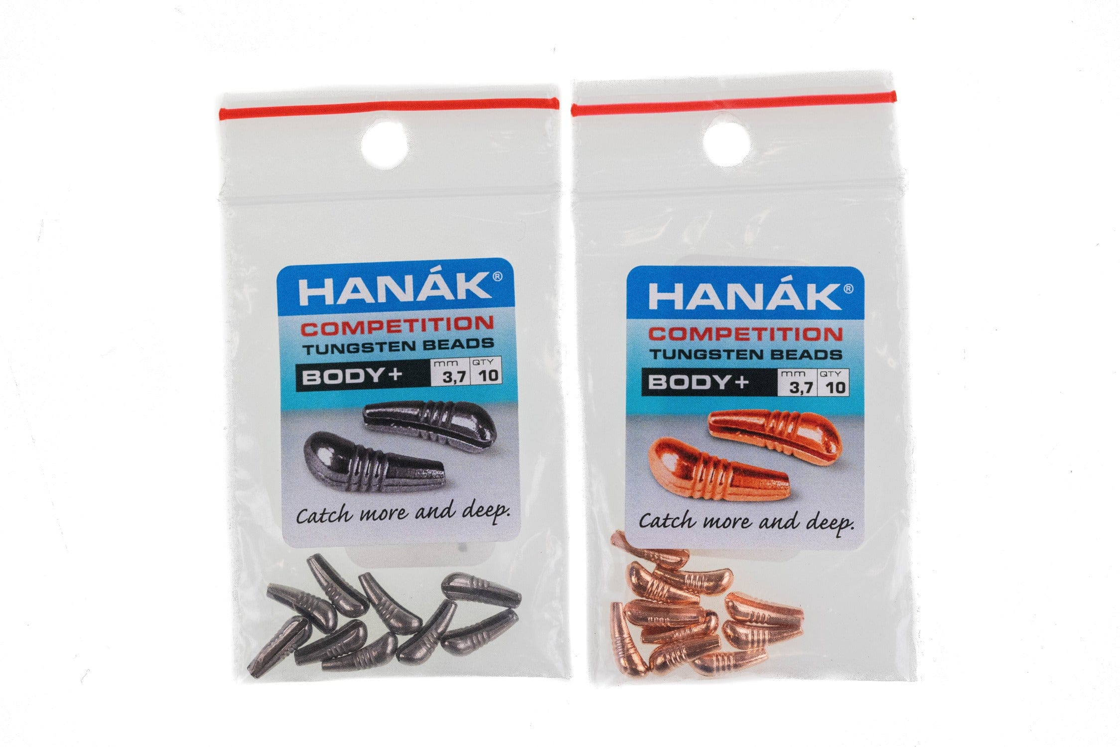 Two Hanak Competition Body+ packs showing graphite and copper tungsten beads with curved ribbed bodies for fly tying