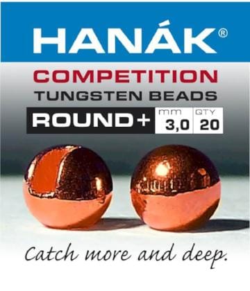 Hanak copper-colored round slotted tungsten beads, shiny polished finish, 3.0mm fly tying beads on light surface