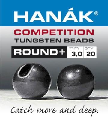 Hanak Competition Round+ slotted gunmetal tungsten beads for fly tying, two shiny round black metal beads with visible slot