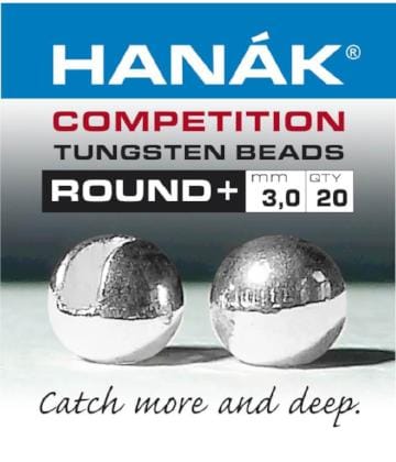 Hanak Competition Round+ slotted tungsten beads, two shiny silver 3.0mm round fly tying beads with slotted groove