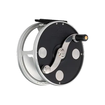 Hardy Cascapedia MkV fly reel in black and silver, rear view showing the crank handle and ergonomic drag knob