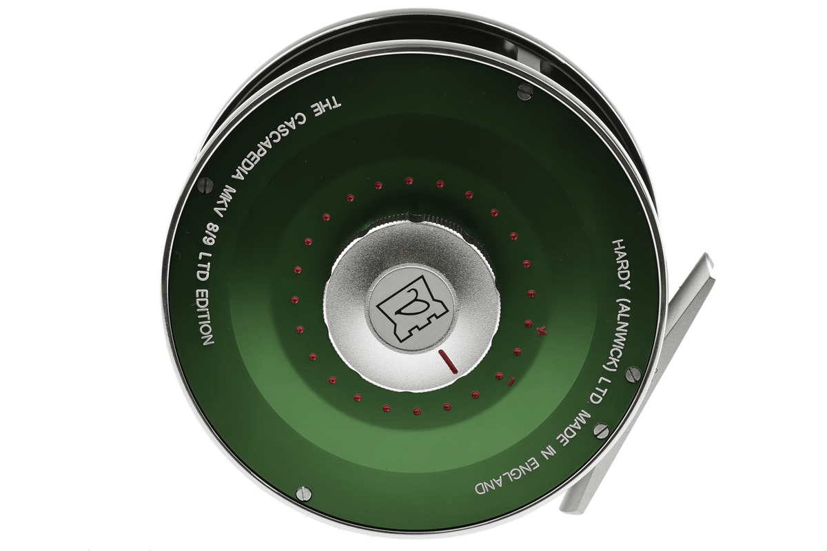 Green anodized aluminum Hardy Cascapedia MKV fly reel with polished silver rim, textured drag knob and red dot accents