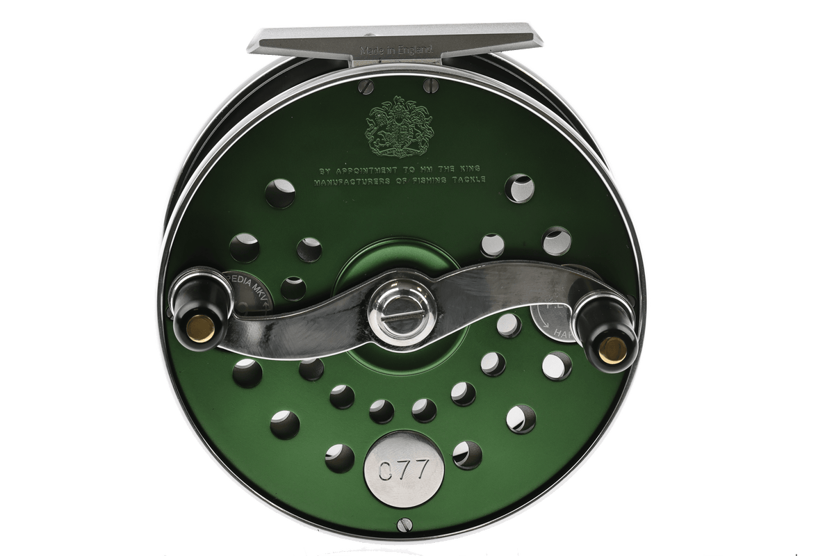 Hardy green anodized aluminum fly reel with polished chrome handle, perforated spool, engraved crest and C77 badge