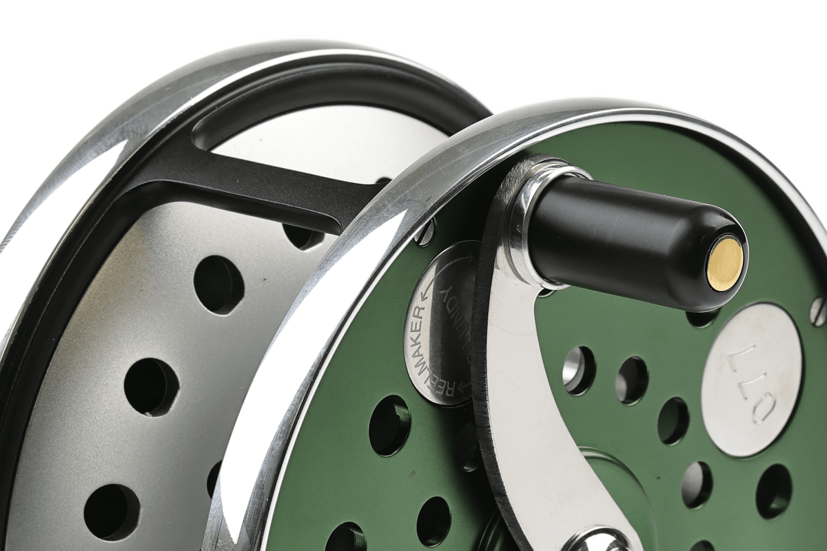 Hardy Cascapedia MKV limited edition fly reel close-up showing green anodized spool, polished chrome rim and black handle