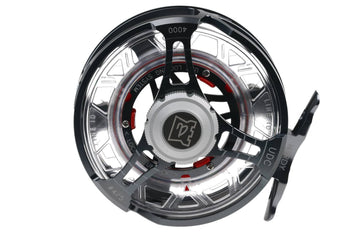 Hardy Ultradisc cassette fly reel in gunmetal gray and polished silver, ventilated aluminum spool with red drag accents