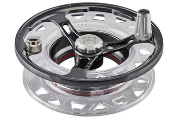 Hardy Ultradisc spare spool: clear plastic cassette with dark grey metal frame, silver knob and red seal for fly reel