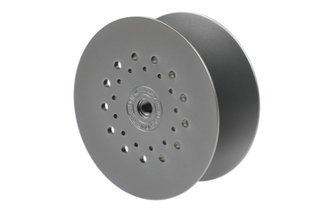 Hardy wide spare spool, matte silver anodized aluminum fly reel spool with perforated face and threaded center