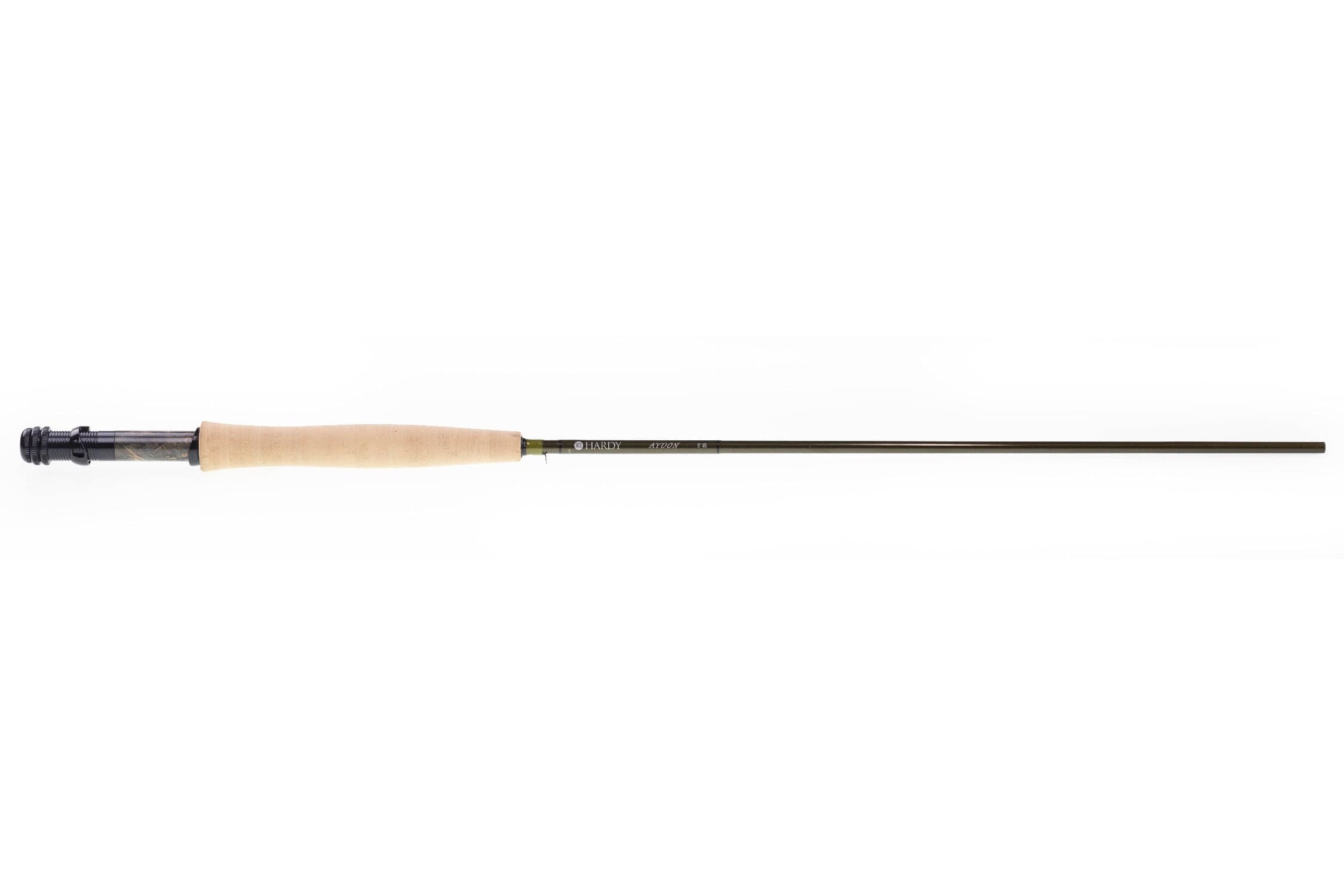 Hardy Aydon fly rod with natural cork handle, black metal reel seat and olive-green carbon blank