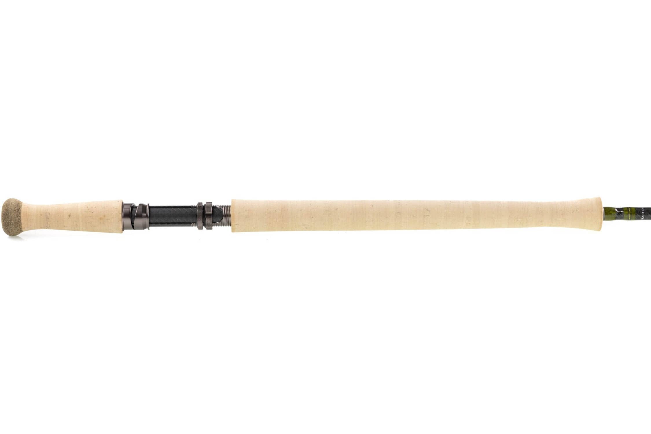Hardy Ultralite NSX Spey rod with long natural cork handle, black carbon reel seat, metal hardware and olive-green blank