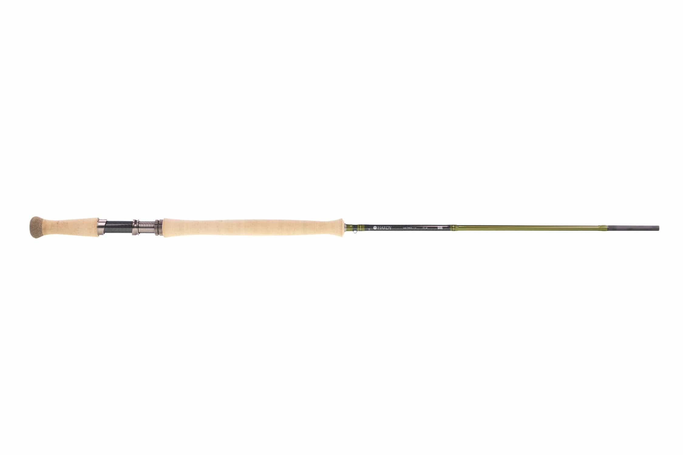 Hardy Ultralite NSX trout spey rod with olive-green graphite blank, black reel seat and cork handle with fighting butt