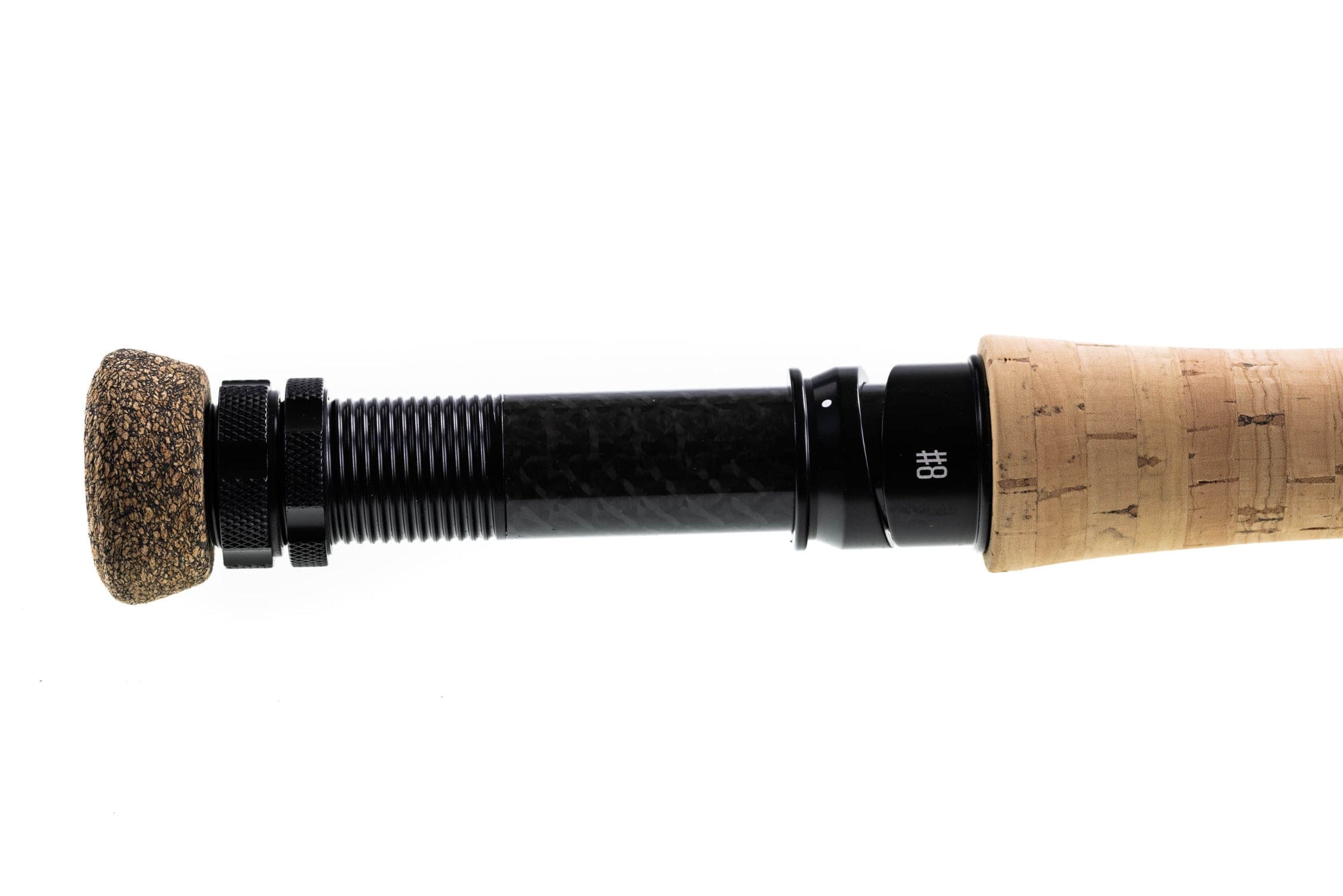 Hardy Ultralite X fly rod cork grip with cork butt, black carbon-fiber reel seat and knurled locking rings, #8 marking