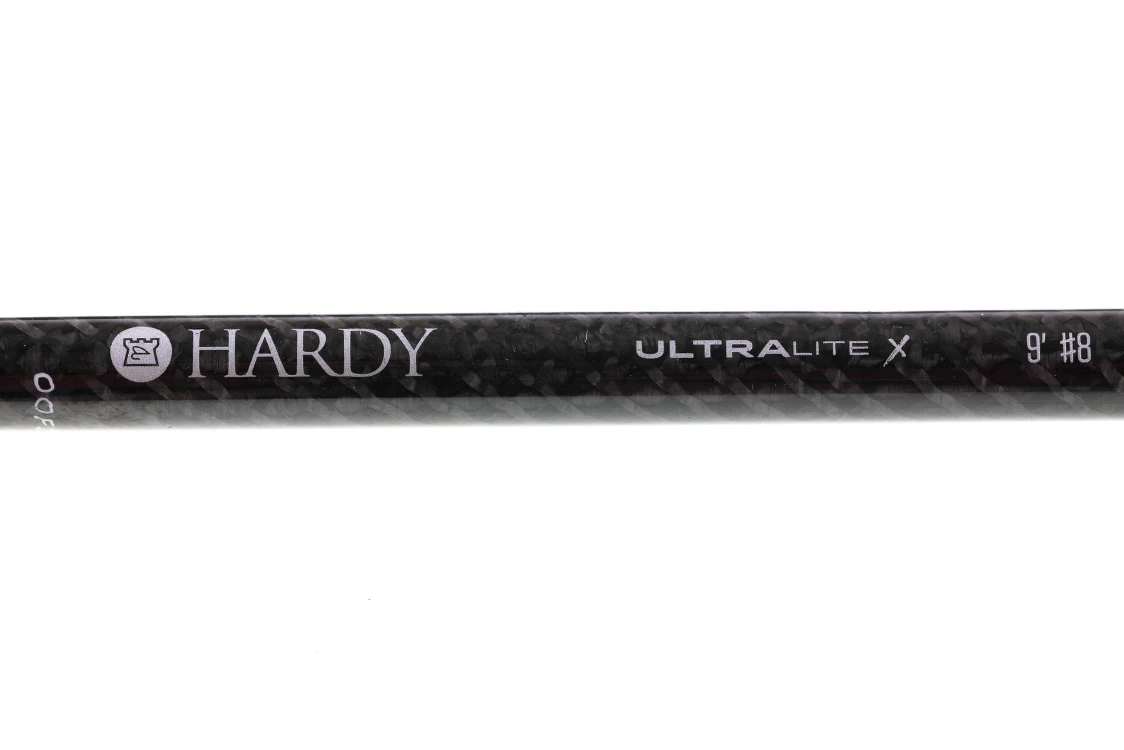 Black carbon fiber Hardy Ultralite X 9' #8 fly rod blank with woven pattern and white branding