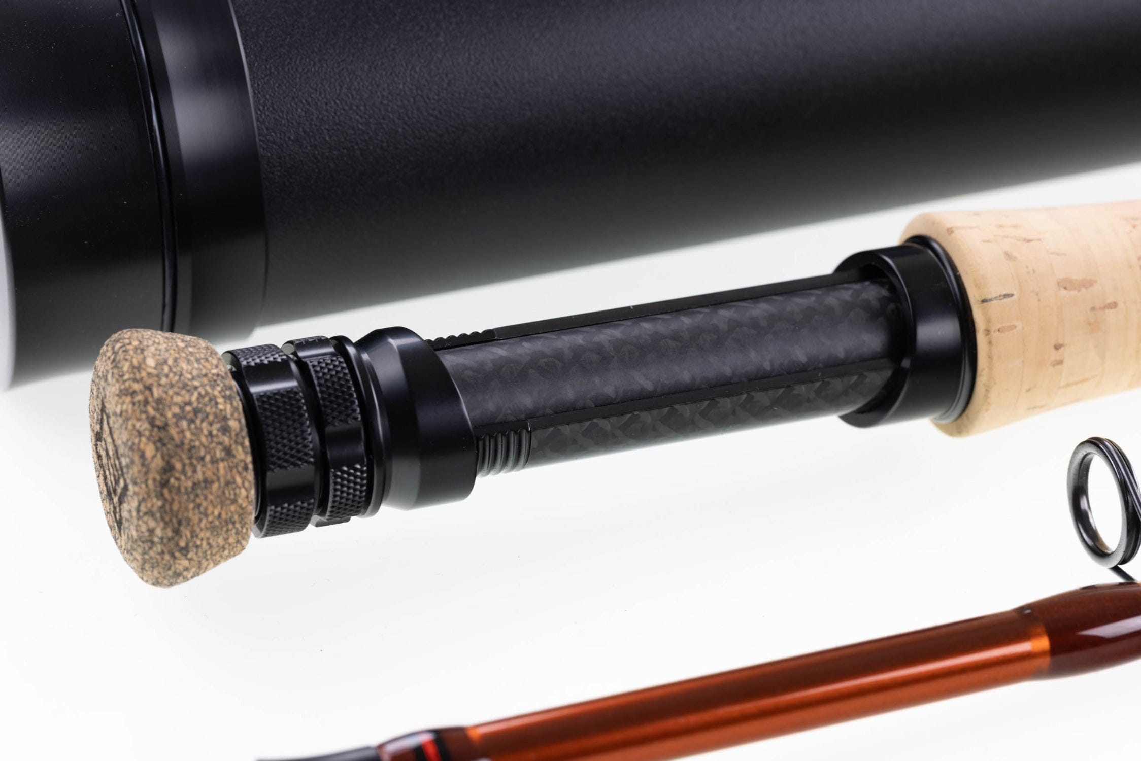 Hardy Ultralite X fly rod cork handle with carbon-fiber blank, matte black reel seat and orange anodized rod section