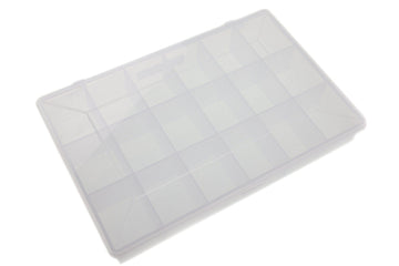 Hareline translucent plastic 18-compartment rectangular storage box with individual compartments and snap lid
