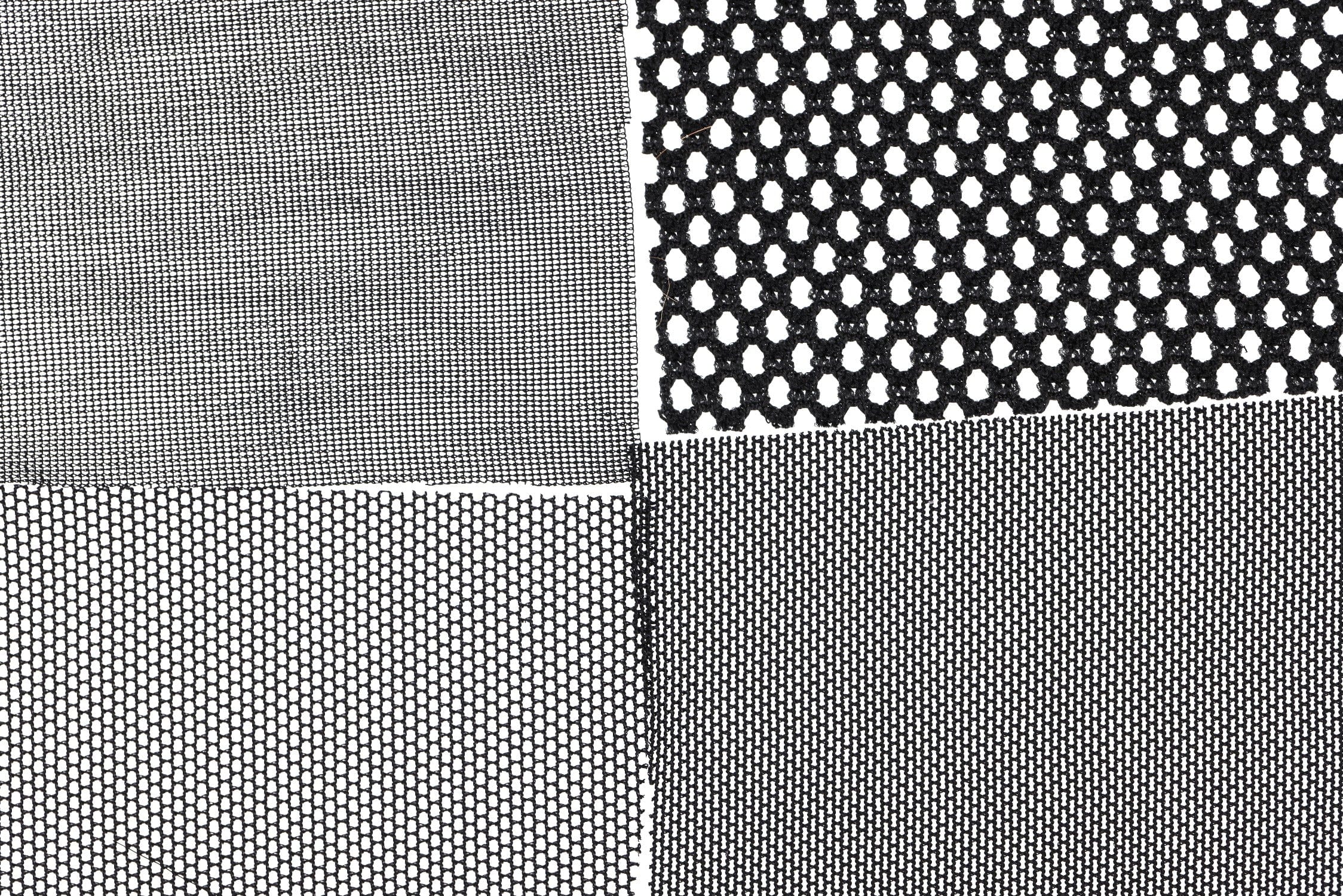 Black Hareline coloring patches with four mesh patterns: fine grid, small hex and larger honeycomb