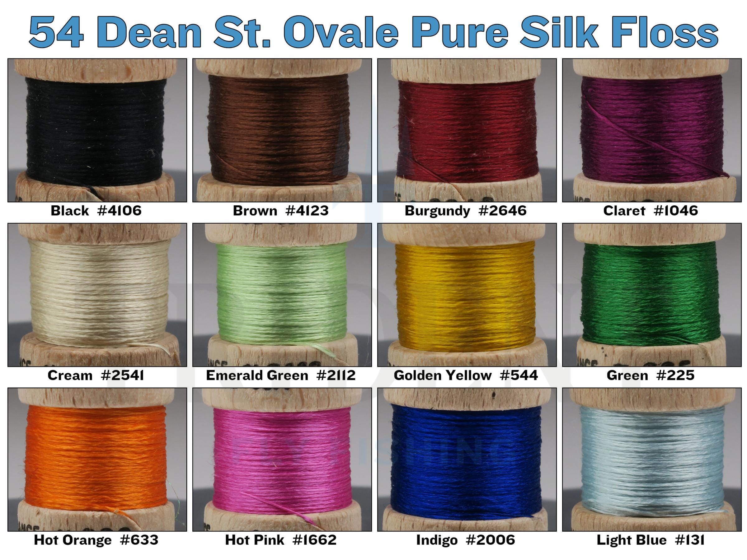 Twelve wooden spools of Hareline Ovale pure silk floss in vibrant colors on wooden bobbins, for fly tying