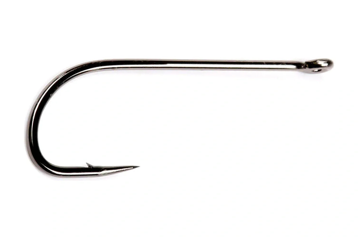 Polished silver long-shank streamer hook with round eye, wide gap and single barbed point for fly tying