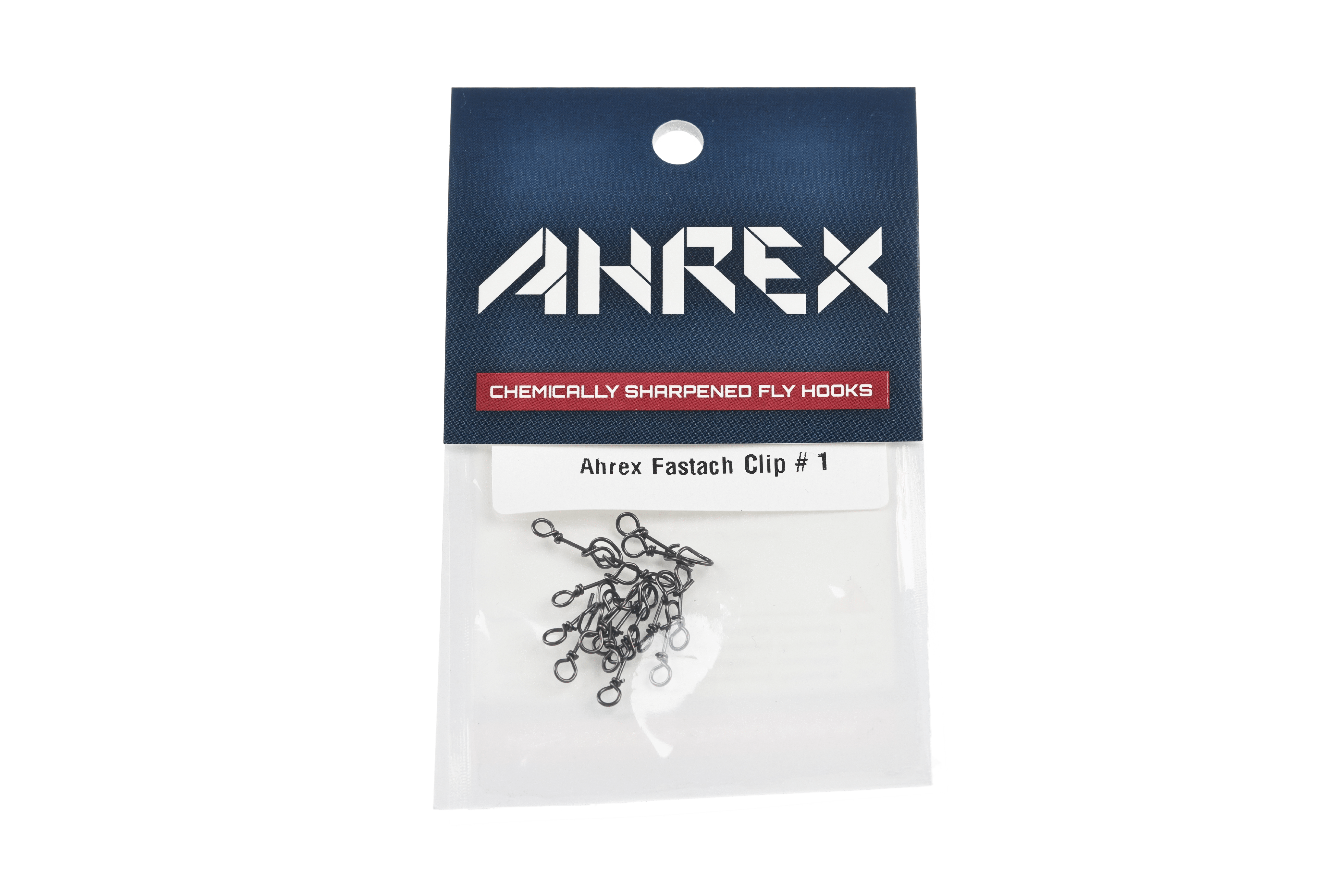 Ahrex Fastach Clip by Hareline - navy header and clear pouch with small black metal fastach clips for fly tying