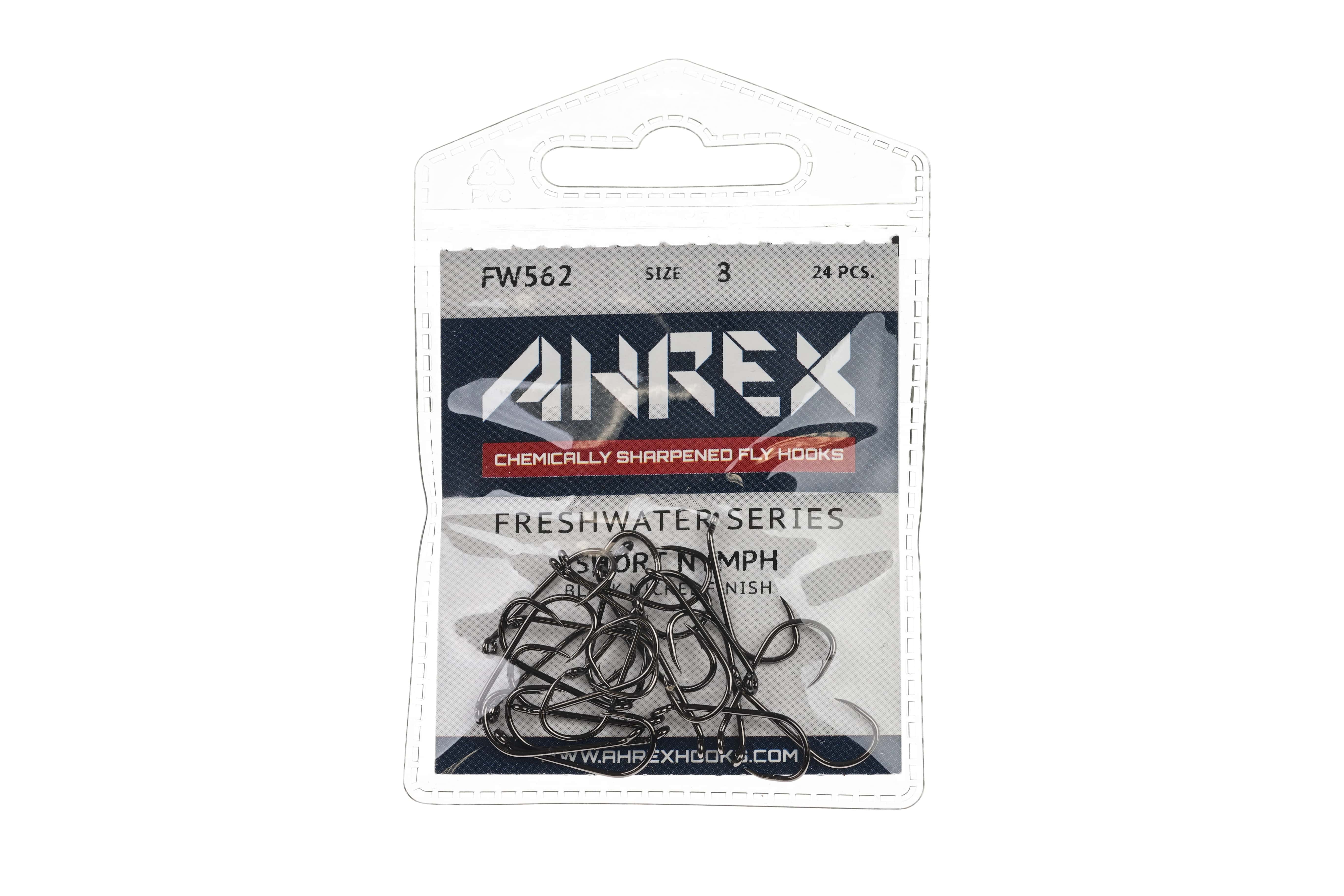 Gunmetal short-shank barbed nymph hooks in clear blister pack labeled Ahrex FW562, chemically sharpened fly hooks