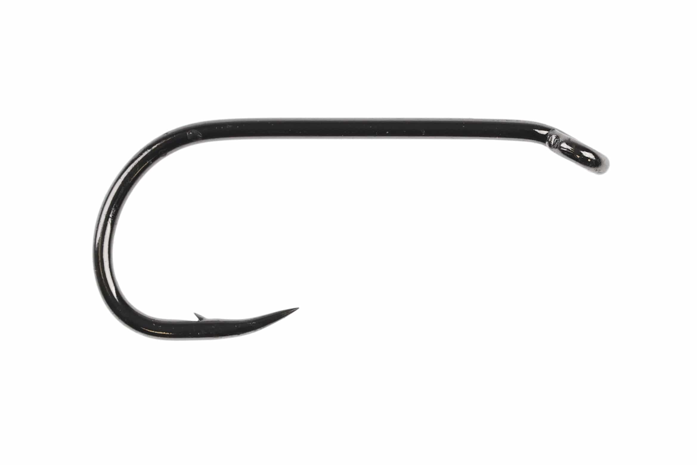 Ahrex short barbed nymph hook, glossy black steel, short curved shank with single barb and straight eye for fly tying