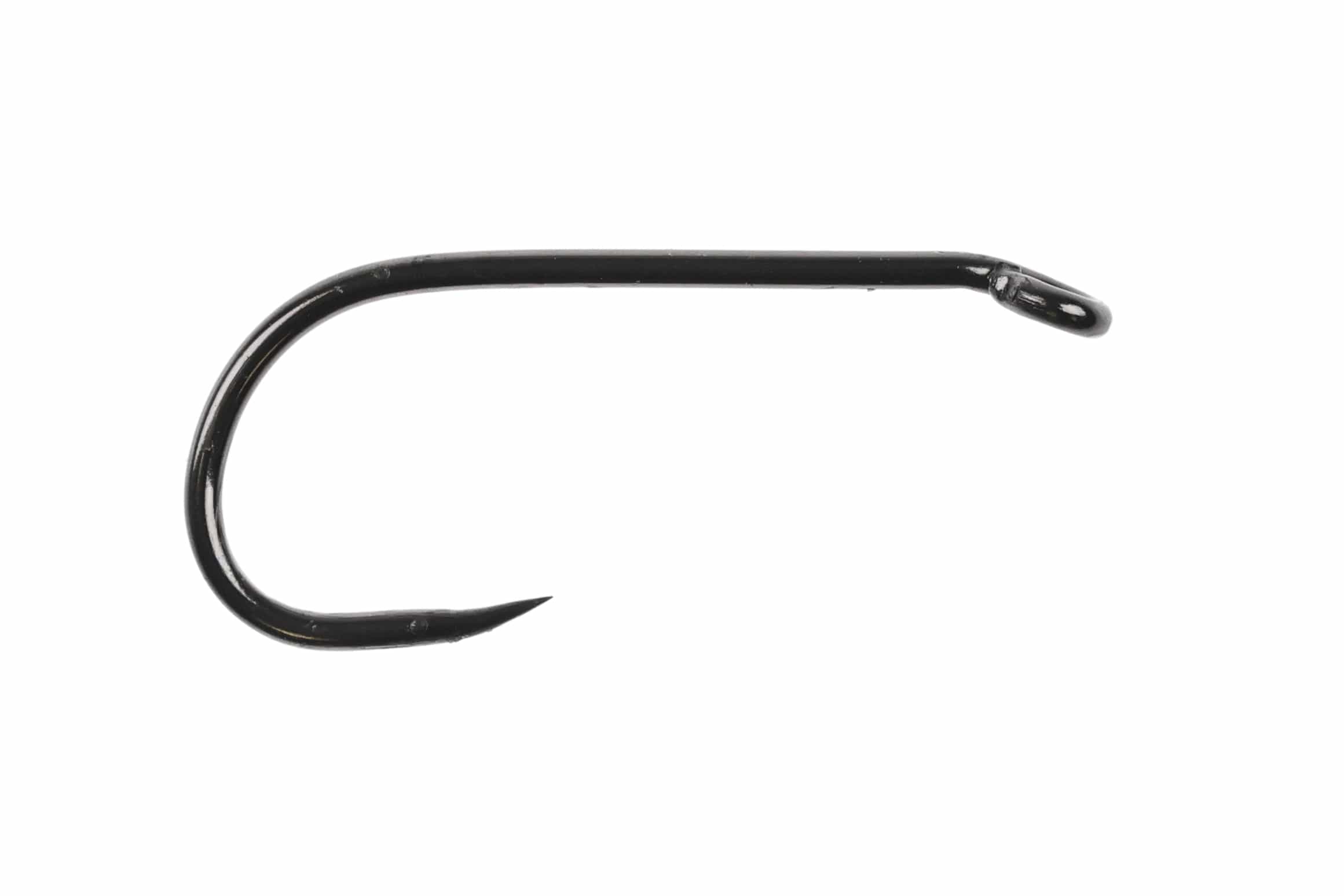 Glossy black short-shank barbless nymph hook, fine steel wire with small eye and curved bend for fly tying