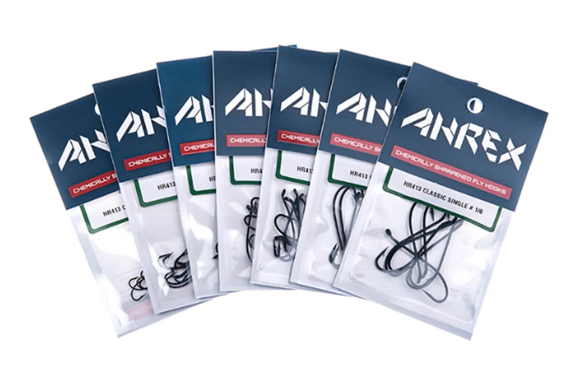 Ahrex HR413 black classic single fly hooks in clear plastic packs with navy header, matte steel curved shank