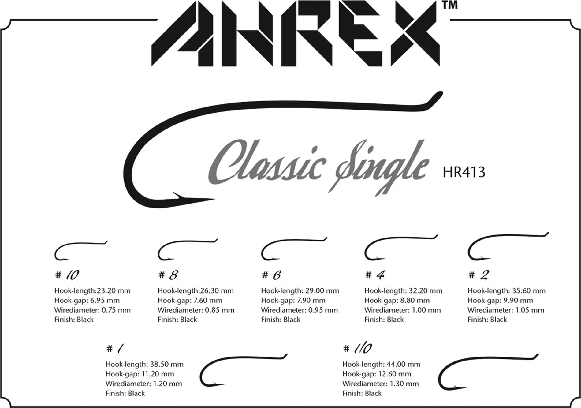 Black classic single fly-tying hooks HR413 illustrations with curved shank, upturned eye and size chart on white