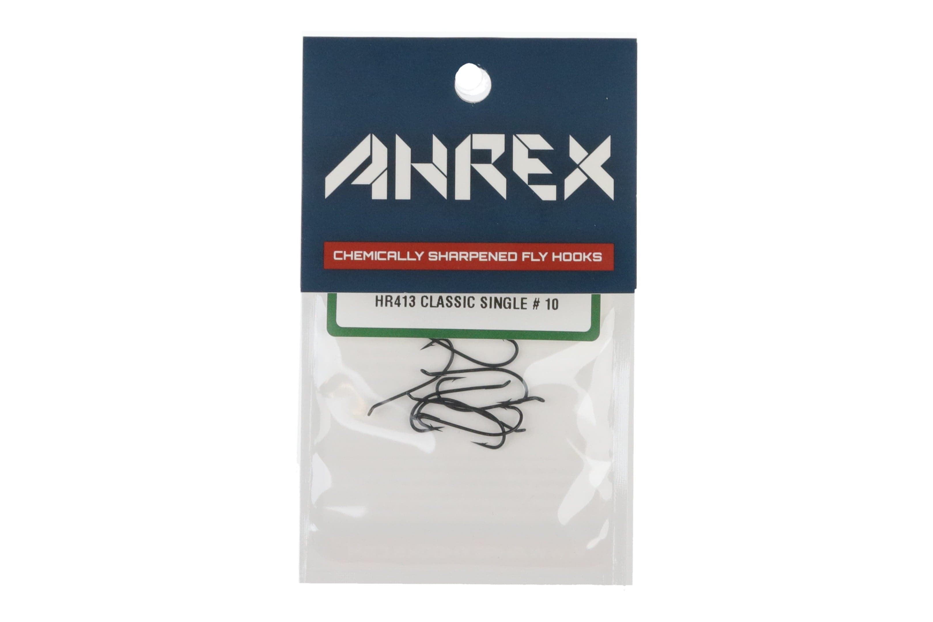 Ahrex HR413 matte black chemically sharpened classic single fly hooks in clear plastic pack with navy header, size #10