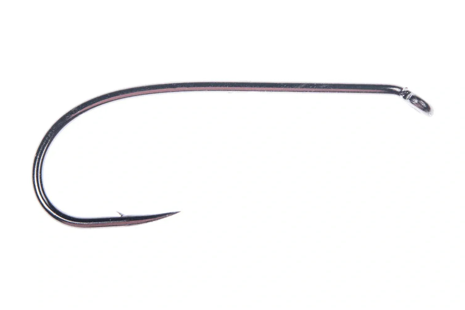 Polished silver Ahrex HR416 Anadromous nymph hook with straight shank and curved point for fly tying