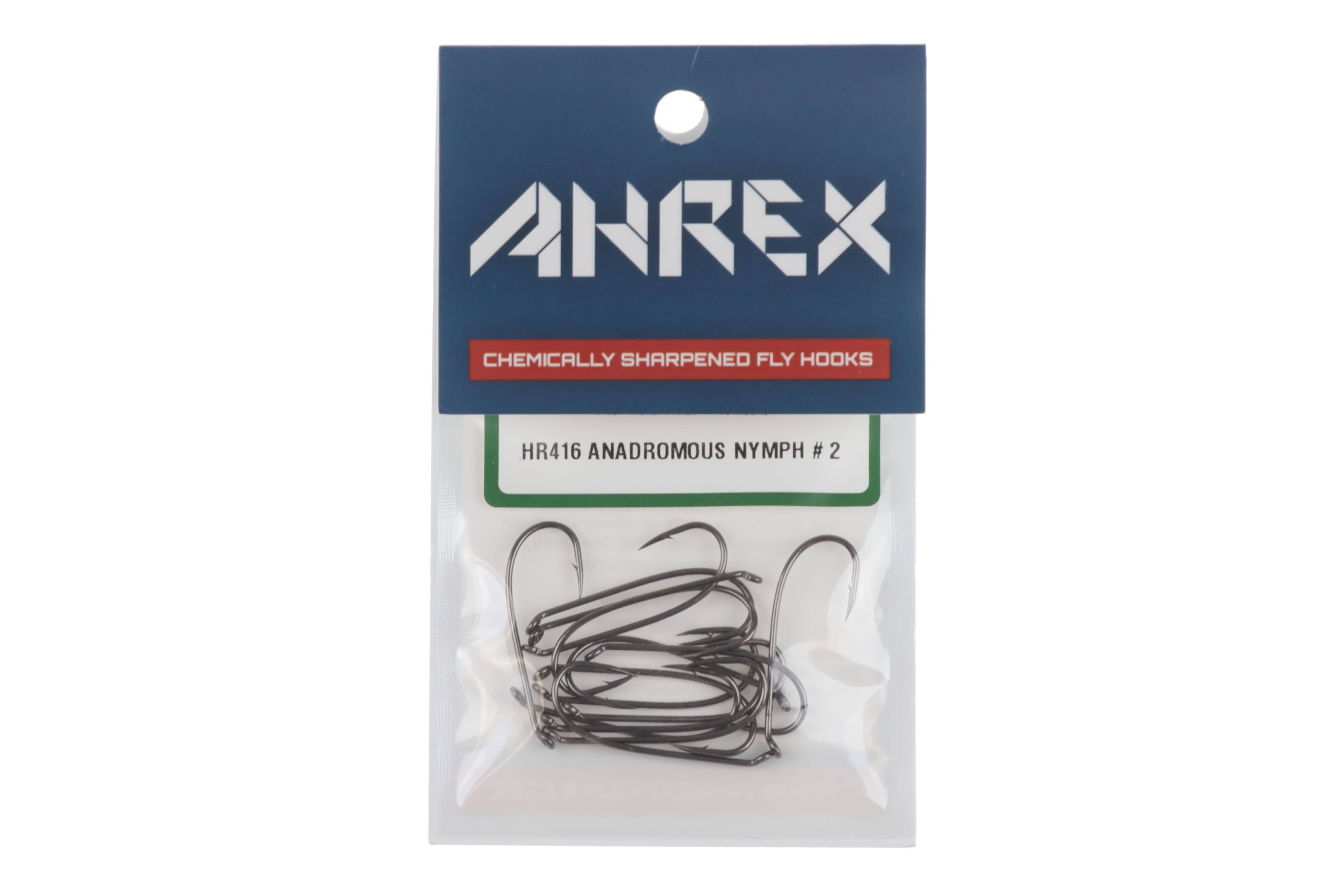 Ahrex HR416 anadromous nymph hooks pack, gunmetal steel curved fly hooks in clear plastic pouch with blue header