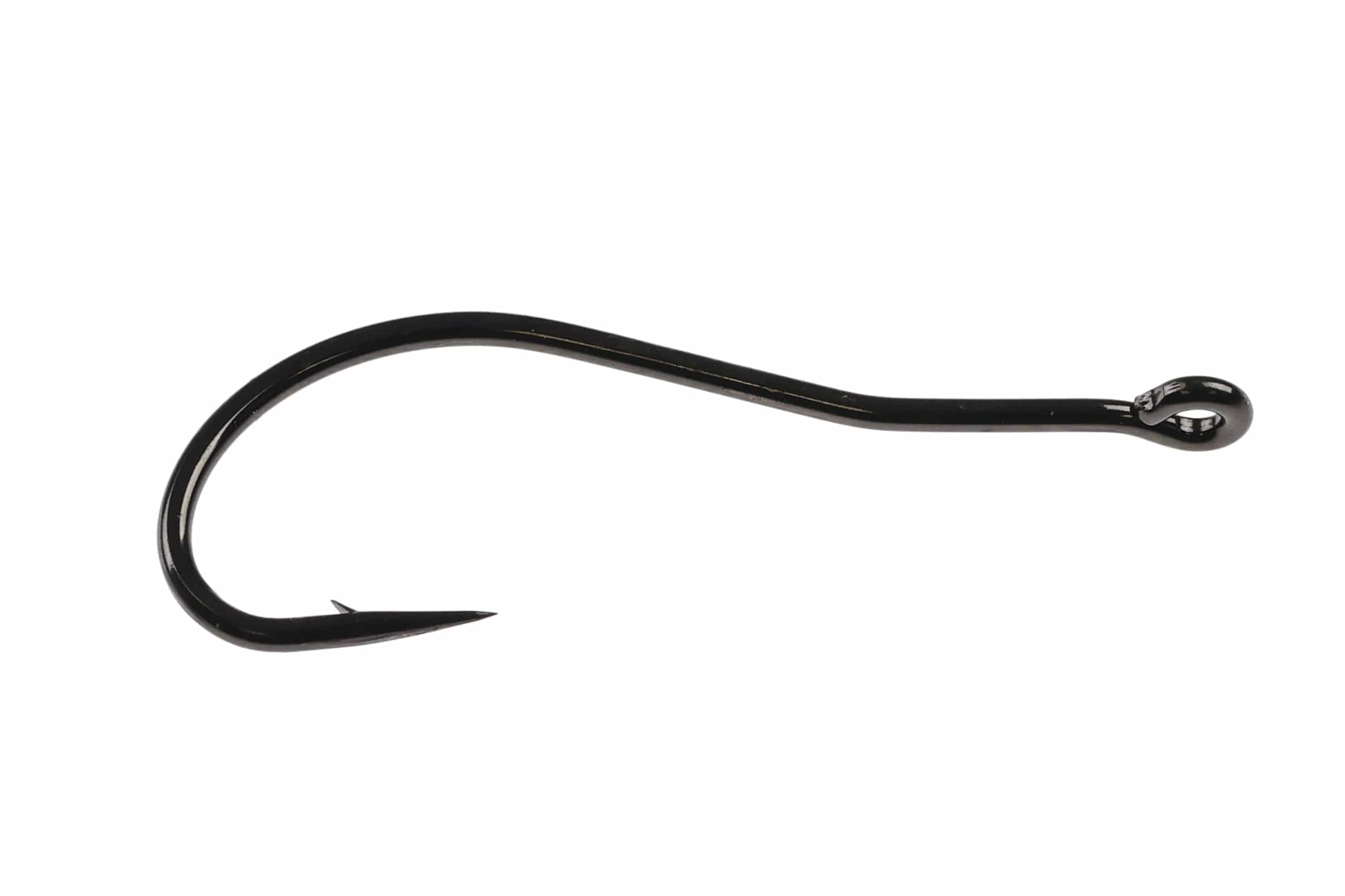 Glossy black bendback fly-tying hook with wide round bend, sharp barb and looped eye