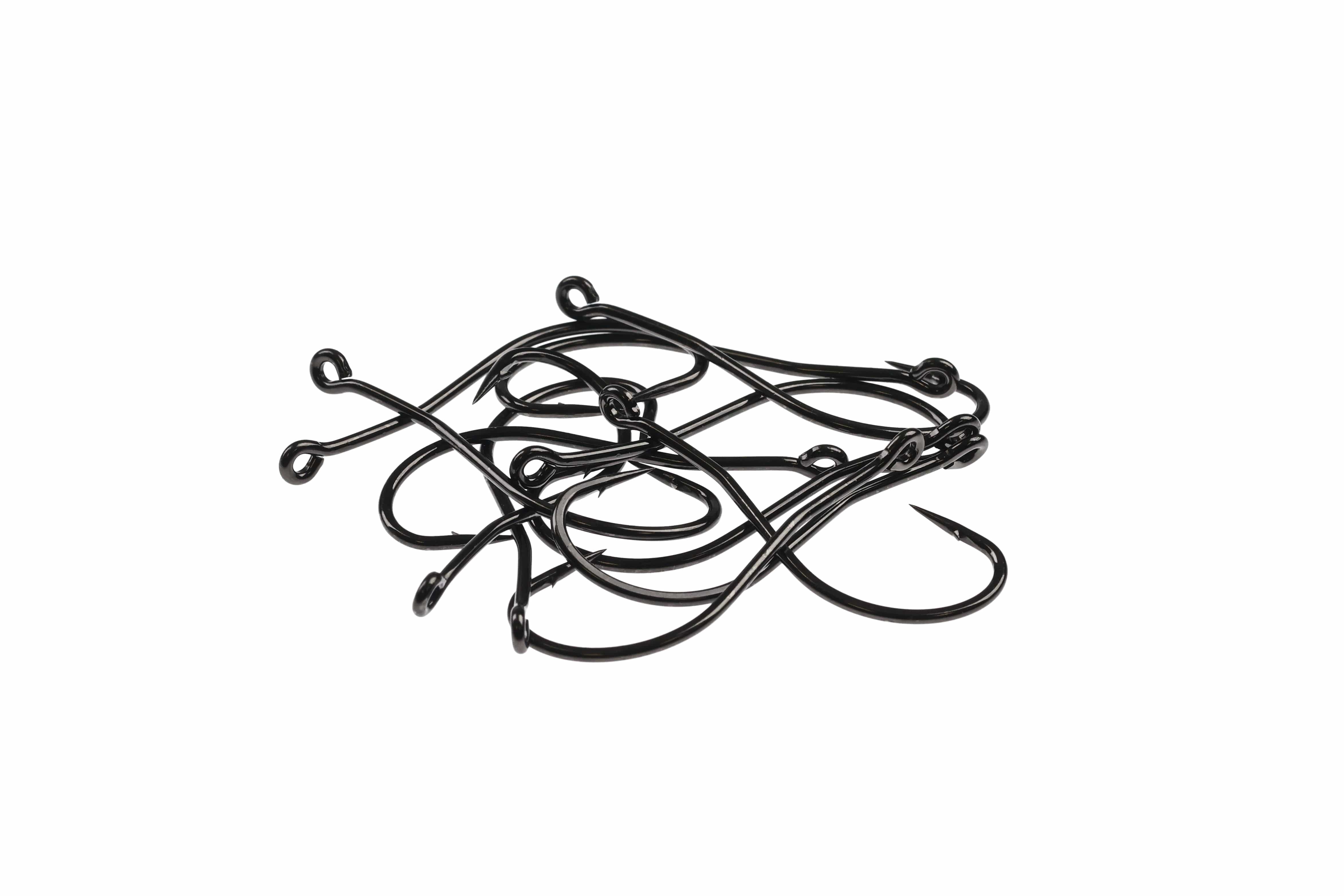 Pile of black glossy Ahrex PR358 bendback fly tying hooks with curved shanks and sharp barbed points