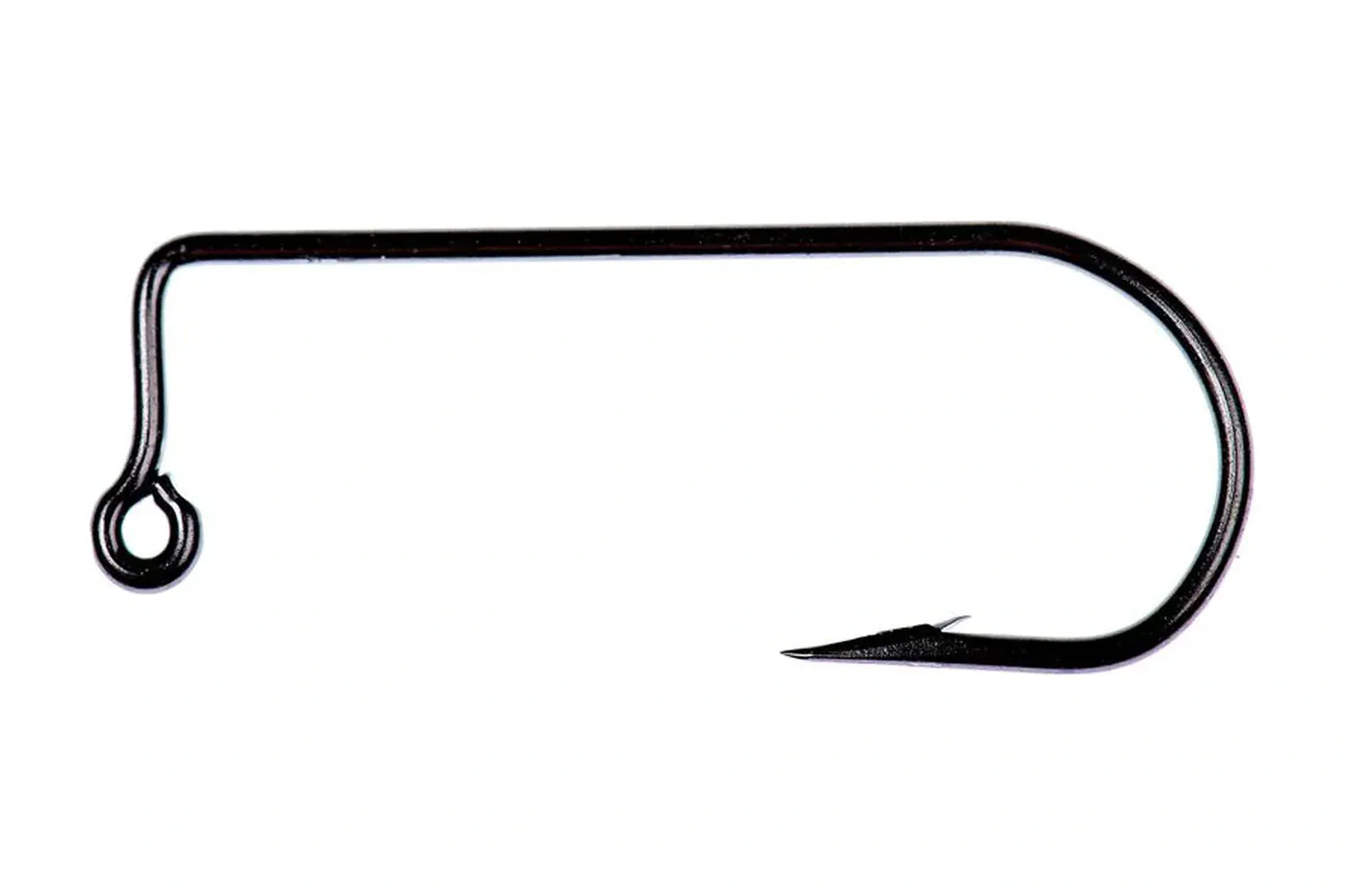 Black Ahrex PR376 90-degree Aberdeen jig hook with long shank, round bend and sharp barbed point for fly tying.
