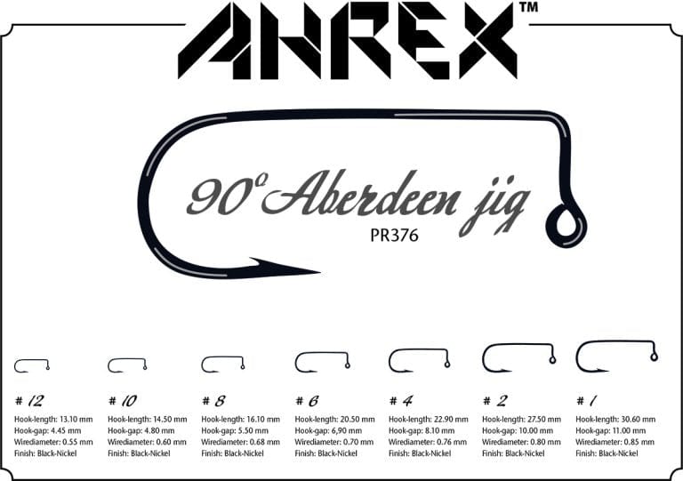 Black-nickel 90-degree Aberdeen jig hooks with ringed eye and barbed point, assorted sizes row, for fly tying