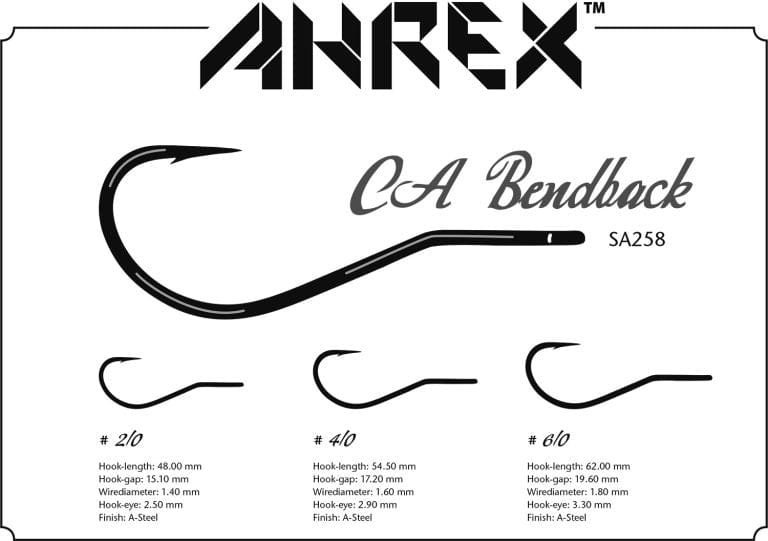 Hareline Ahrex SA258 CA bendback fly tying hooks, black steel curved shank with straight eye, sizes 2/0–6/0