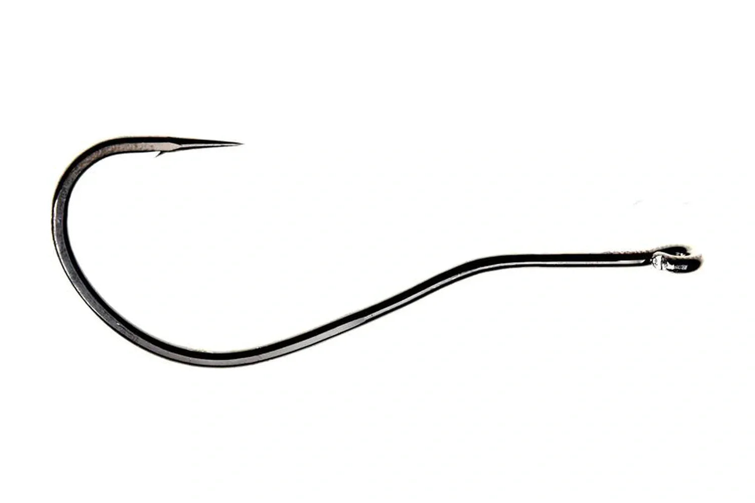 Shiny black steel Ahrex SA258 bendback fly tying hook with curved shank, wide gape and small barb, turned-up eye