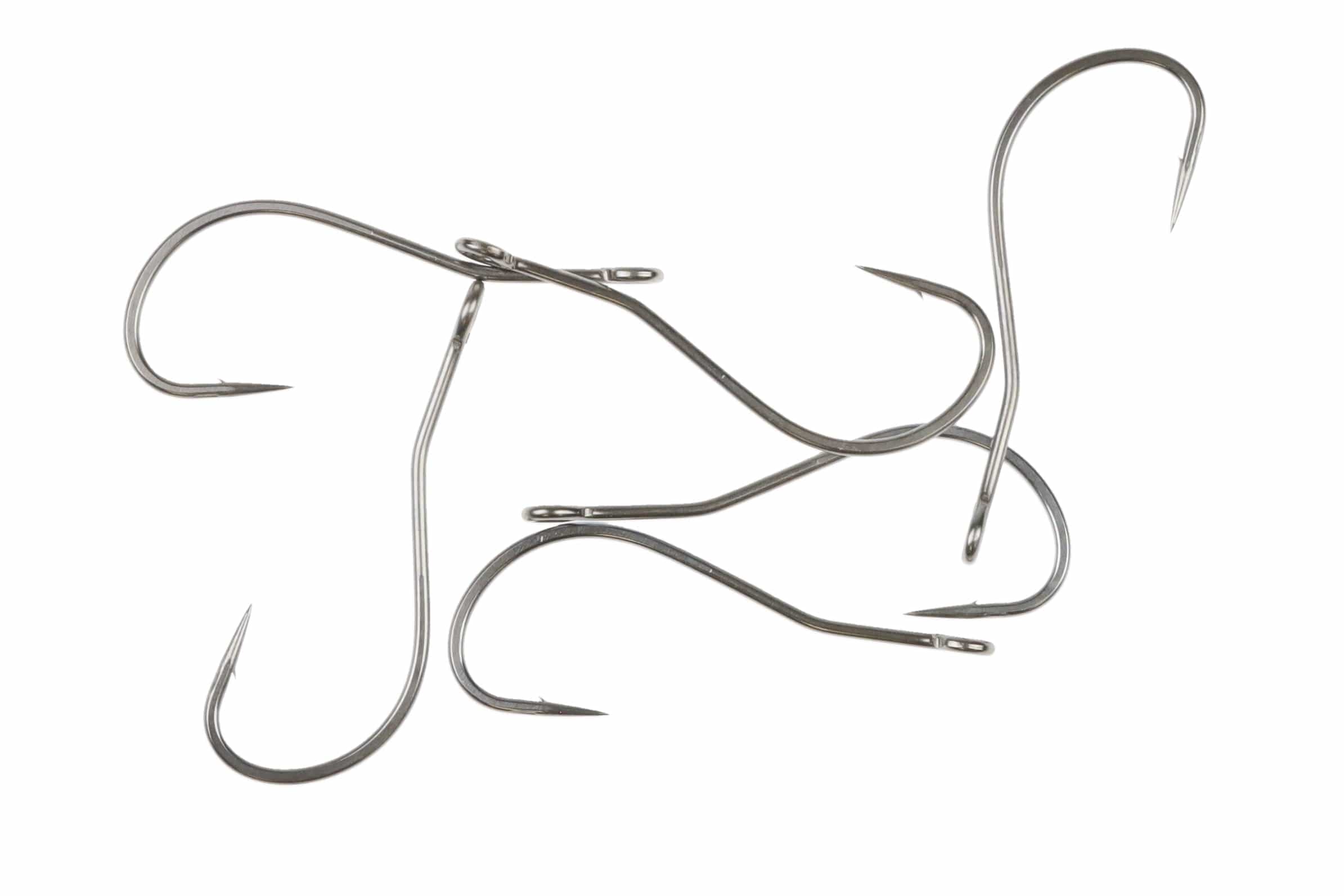 Shiny nickel bendback hooks for fly tying, stainless steel curved shanks with barbed points and turned-up eyes