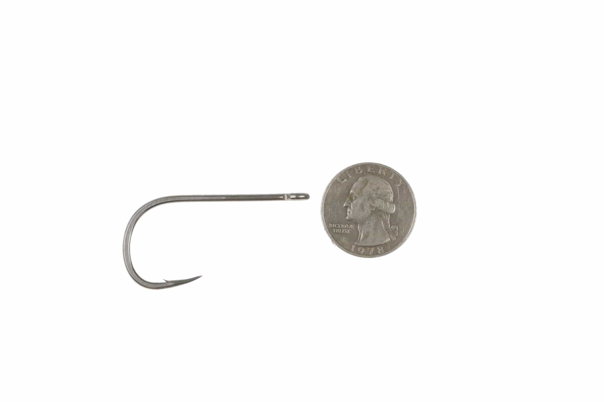 Silver Ahrex SA290 Beast Fleye fly tying hook with wide gap, straight eye and sharp curved point with quarter for scale