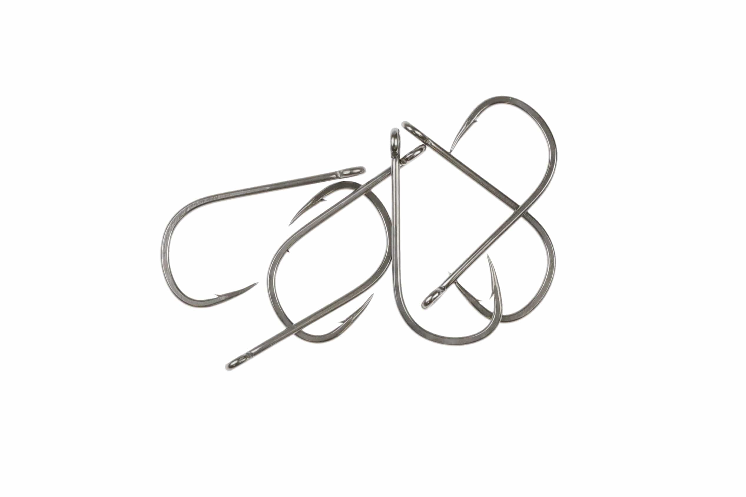 Cluster of silver Ahrex SA290 Bob Popovic Beast Fleye fly tying hooks with long shanks, wide gapes and up-eyes