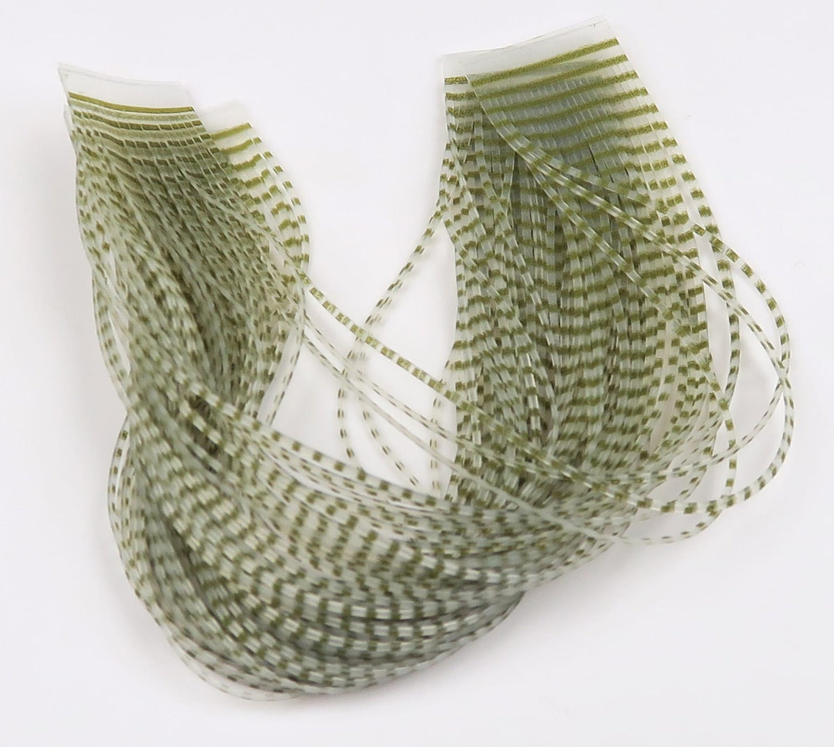 Olive-green barred translucent synthetic crusher legs, thin striped strands for fly tying