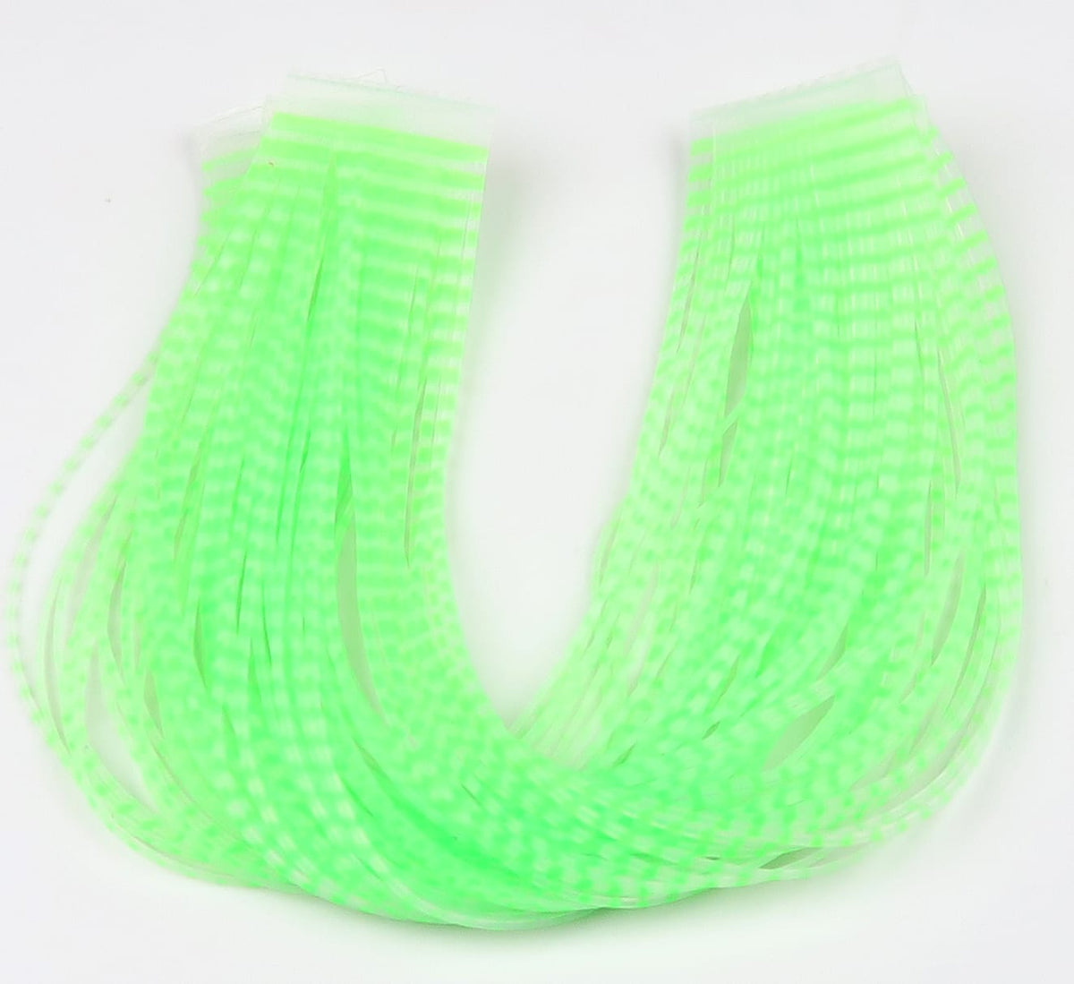 Neon chartreuse barred synthetic crusher legs in twin bundles, translucent striped material for fly tying