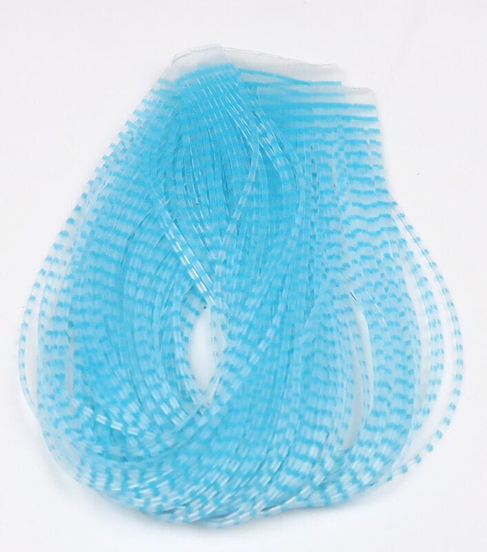 Light blue translucent barred synthetic crusher legs with white striping, bundled fly tying material