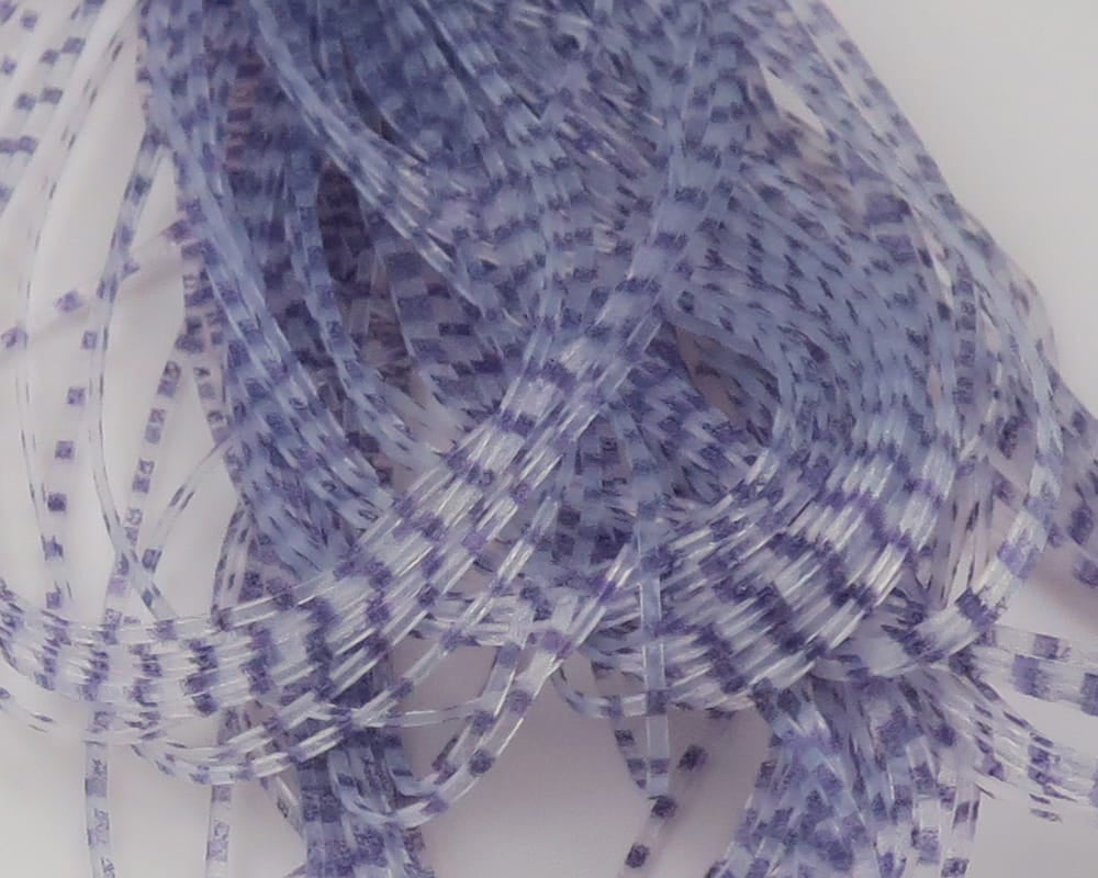 Lavender translucent synthetic barred crusher legs with dark purple bands, thin flexible strands for fly tying