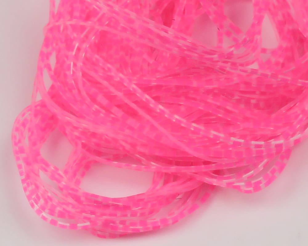 Neon pink translucent barred crusher legs tubing with white checkered bars for fly tying