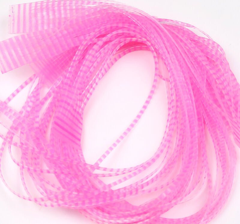 Bright pink translucent barred synthetic crusher legs for fly tying with striped flexible flat strips