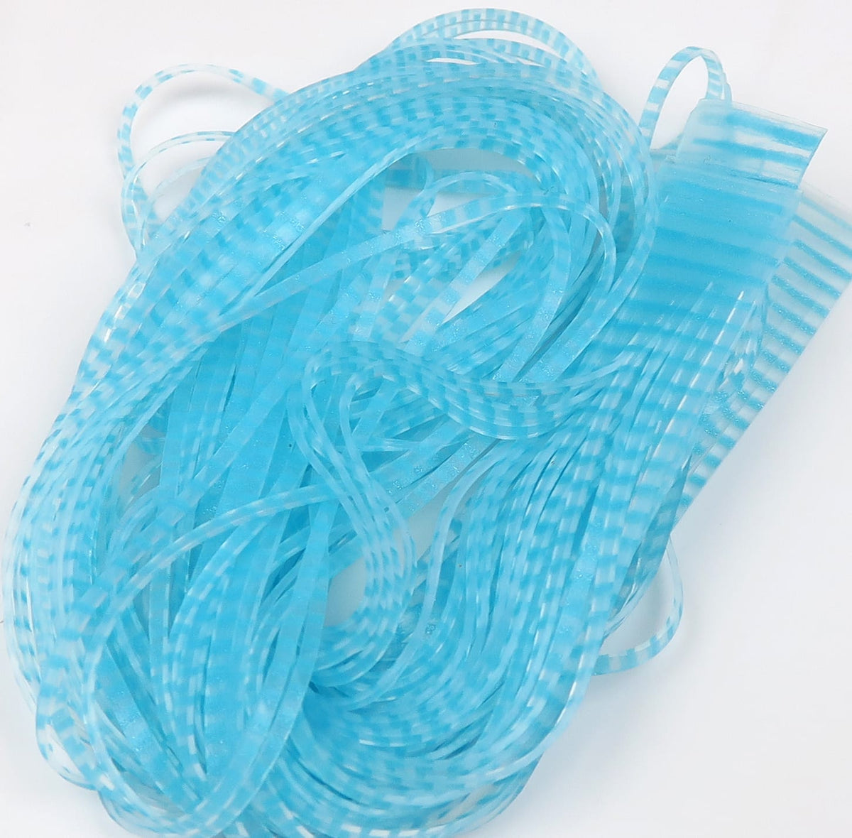 Sky-blue barred translucent rubber crusher legs with white stripes, soft synthetic fly tying material