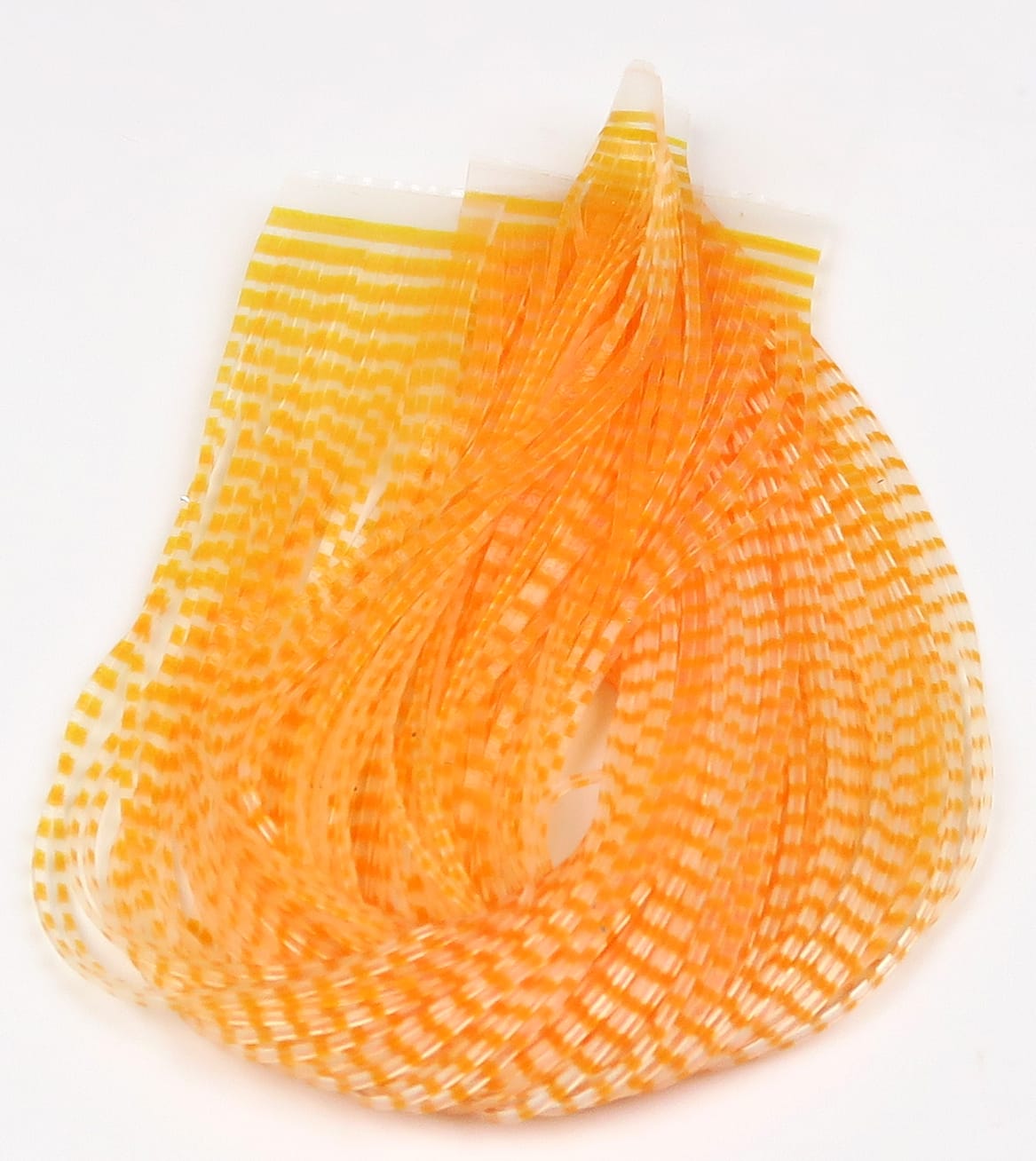 Orange and white barred synthetic crusher legs for fly tying, thin flexible banded strips