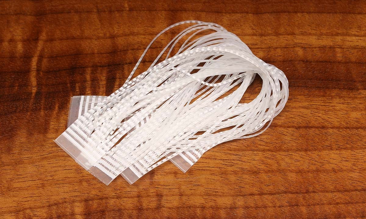 Hareline white translucent barred crusher legs, synthetic fly tying strands with frosted striped pattern