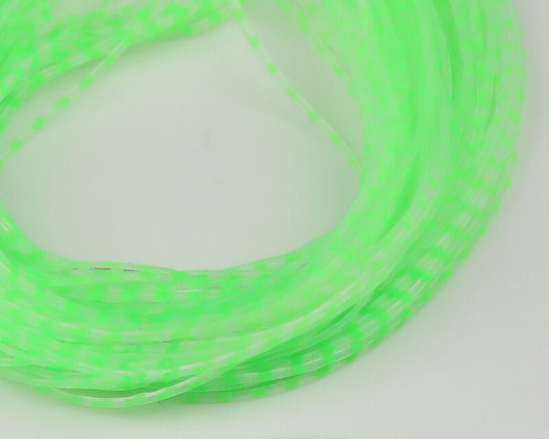 Neon green translucent barred crusher legs for fly tying, coiled synthetic tubing with alternating clear stripes