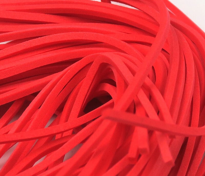 Bright red fettuccine foam strips, thin flat closed-cell material by Hareline for fly tying lures